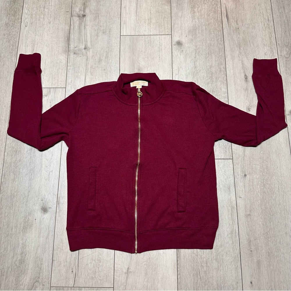 Michael Kors Burgundy zip up jacket MK gold logo. Chic fall layer size medium